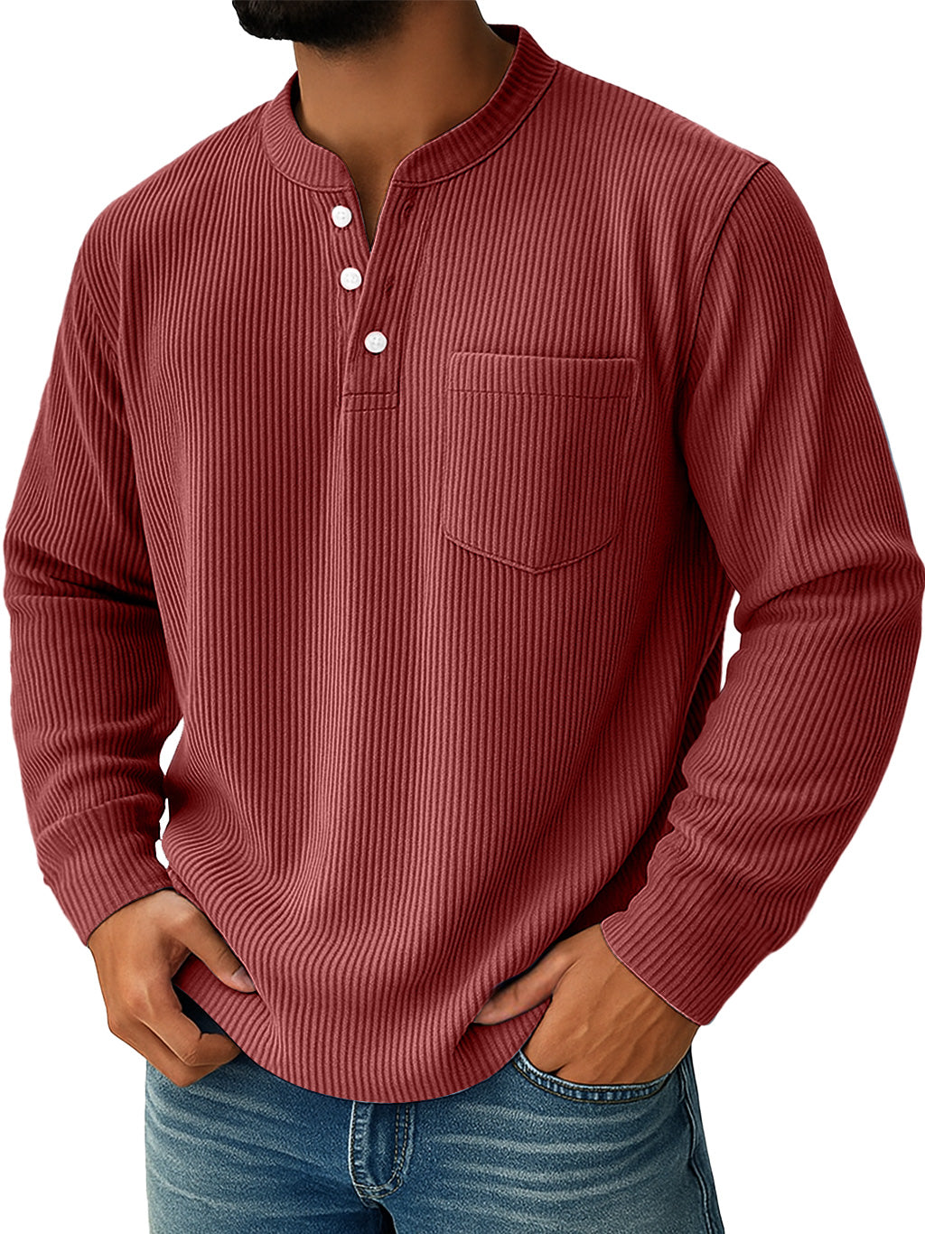 Men's Simple Everyday Ribbed Stand Collar Pocket Shirt