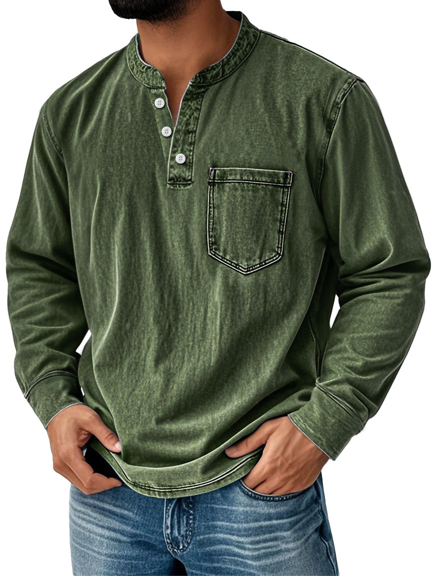 Men's Retro Stand Collar Pocket Casual Distressed Long Sleeve Henley Shirt