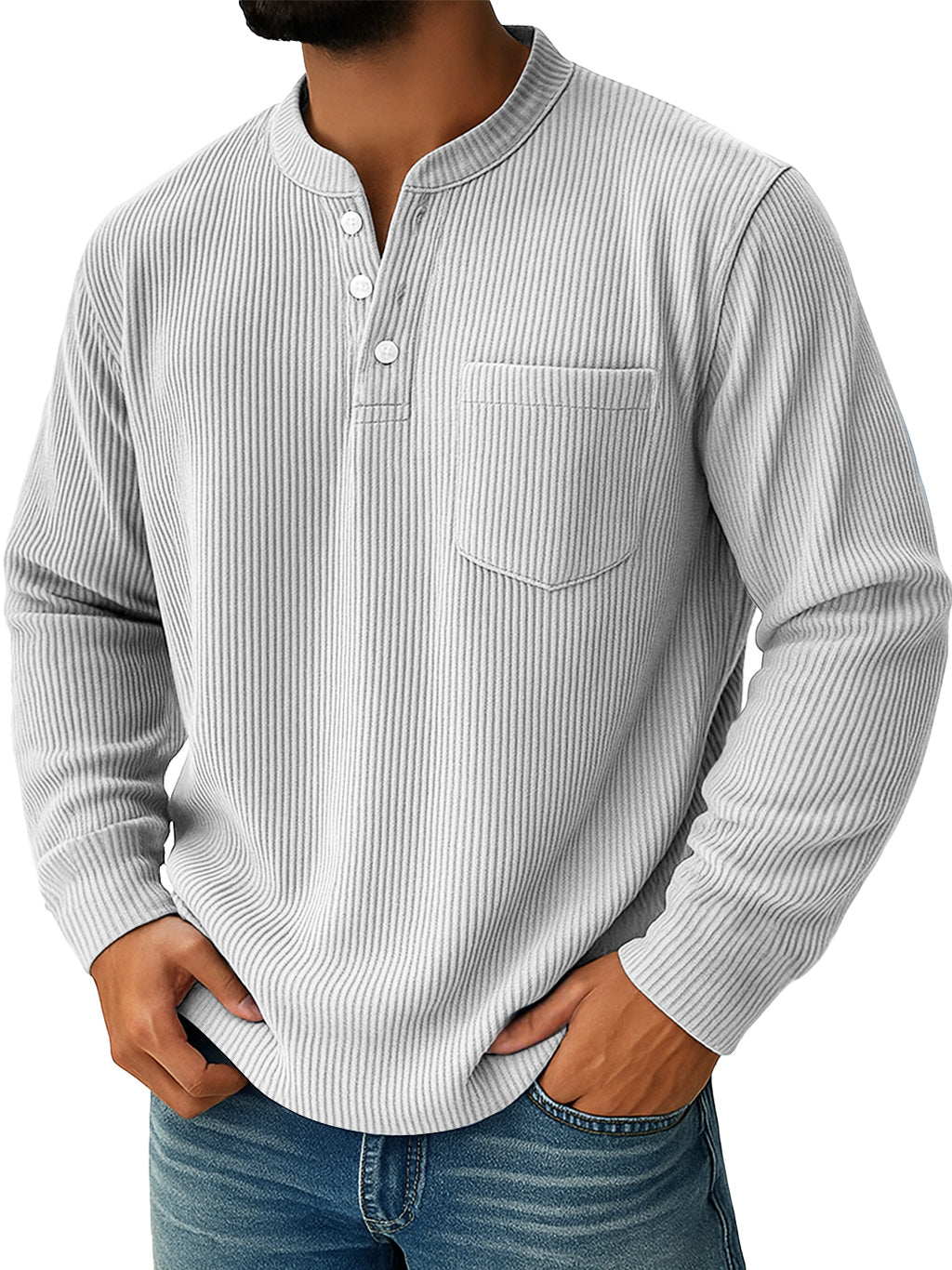 Men's Simple Everyday Ribbed Stand Collar Pocket Shirt